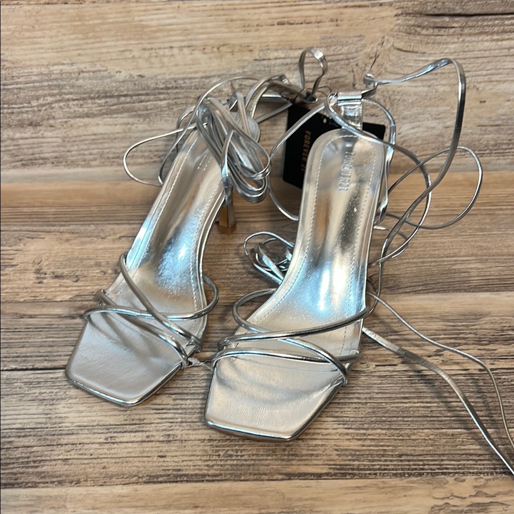 Forever 21 Silver Open Toe Lace Up Dress Shoes NWT